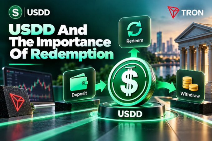 A promotional banner for 'USDD And The Importance Of Redemption' featuring USDD and TRON logos, with graphics illustrating a cycle of Deposit, Redeem, and Withdraw using a large USDD coin.