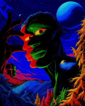 A vibrant, surreal digital artwork featuring a face with green skin and orange glowing eyes emerging from a psychedelic landscape, with a large blue moon and dark planets in the starry night sky.