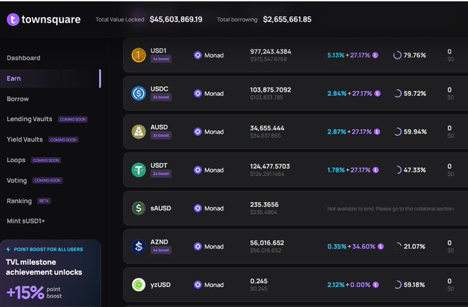 The image shows an information screen from a cryptocurrency trading website called "Townsquare". The display focuses on the token liquidity program, specifically highlighting $100 million USD tokens that are currently being sold for only 1% of their original value. This indicates that these tokens are not in demand and can be bought at a relatively low price with a maximum scale of 10MUsDF. The post about the new tokens also emphasizes the collaboration between native and external parties, possibly involving Native @native_fi or another cryptocurrency exchange platform to pool resources for trading and yield vaulting funds into one account.