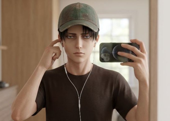 A 3D-rendered anime-style male character taking a mirror selfie with a smartphone, wearing a green cap, brown t-shirt, and white wired earphones.