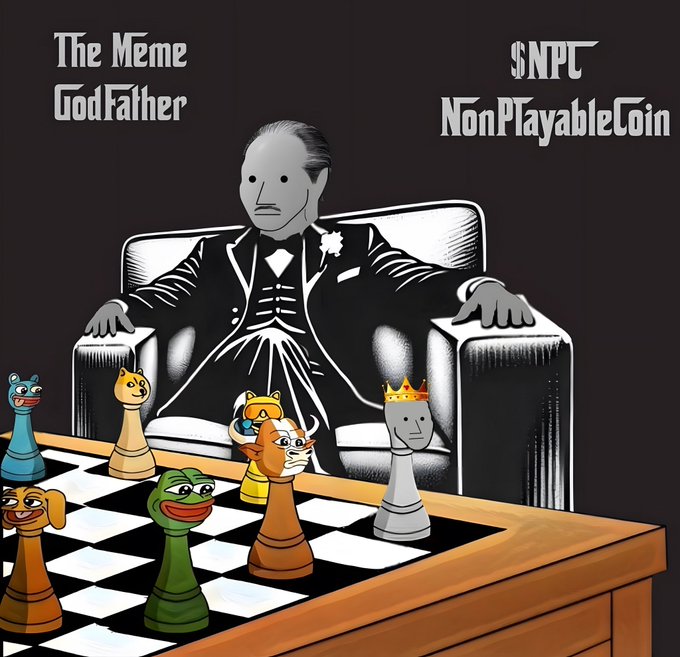 A digital illustration styled as a meme parody of The Godfather shows a figure in a suit sitting on a throne behind a chessboard with cartoon chess pieces; text reads 'The Meme GodFather' and '$NPC NonPlayableCoin'.