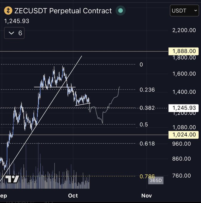 A trading chart of 'ZECUSDT Perpetual Contract' on what appears to be TradingView, showing a 6-month view with a diagonal trendline and Fibonacci retracement levels marked at 0, 0.236, 0.382, 0.5, 0.618, and 0.786.