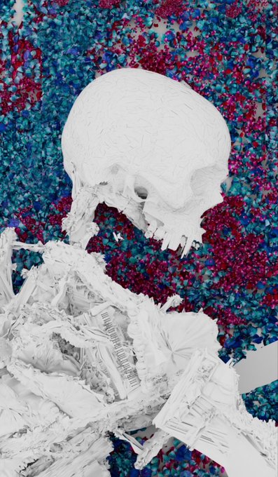 A white sculpted skull and skeletal debris composed of intricate architectural fragments, displayed against a vibrant floral backdrop of red and blue flowers.