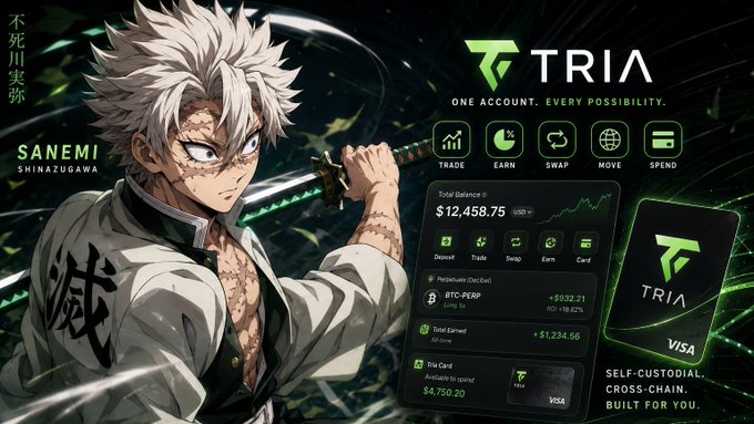 ーTriaー is displayed on a black background, accompanied by a white character holding a sword and shield, with green icons representing different game elements.