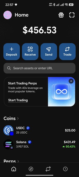 A cryptocurrency wallet app home screen displays a balance of $456.53, with action buttons for Deposit, Receive, Send, and Trade, listing USDC ($25.00) and Solana ($431.49, +50.42%) under Coins.