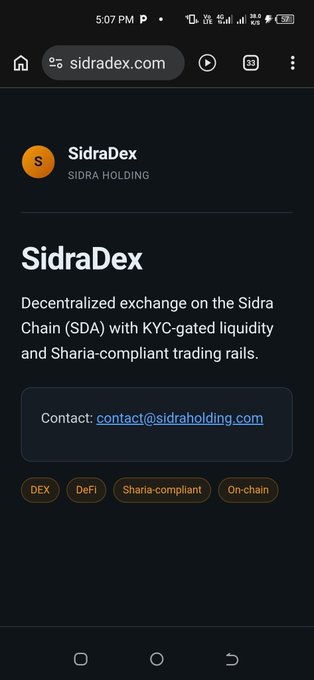 The image shows a webpage for SidraDex, a decentralized exchange on the Sidra Chain, featuring its tagline "Decentralized exchange on the Sidra Chain (SDA) with KYC-gated liquidity and Sharia-compliant trading rails," along with contact info (contact@sidraholding.com) and tags like DEX, DeFi, Sharia-compliant, and On-chain—promoting the project as part of the "#sidrafamily" hype.