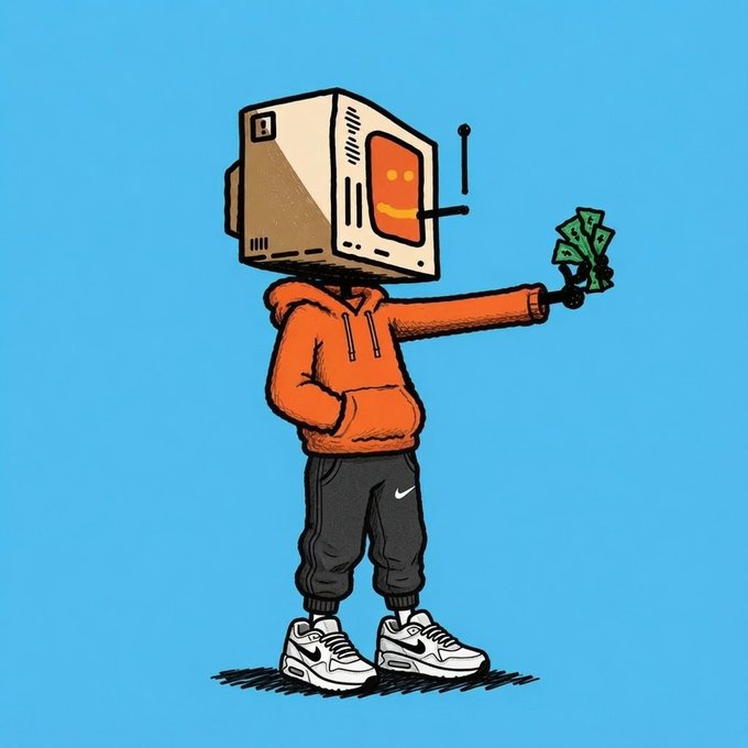 An illustration of a robot character with a boxy CRT monitor head wearing an orange hoodie, black sweatpants, and Nike sneakers, holding a fan of cash.
