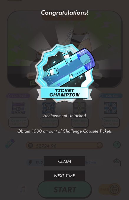 A mobile game 'Congratulations!' screen displaying a 'Ticket Champion' achievement badge for obtaining 1000 Challenge Capsule Tickets.