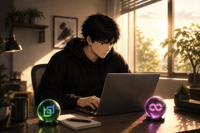 An anime-style illustration of a dark-haired young man working on a laptop in a sunlit room, with two glowing orbs displaying crypto-style logos on his desk.