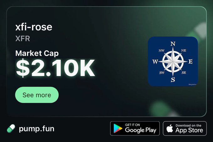 Pump.fun listing for token 'xfi-rose' (XFR) showing a market cap of $2.10K, with a compass rose logo and app download buttons for Google Play and App Store.