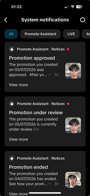 A smartphone screenshot displays system notifications titled 'System notifications,' including entries for 'Promotion approved,' 'Promotion under review,' and 'Promotion ended' from 'Promote Assistant · Notices.'