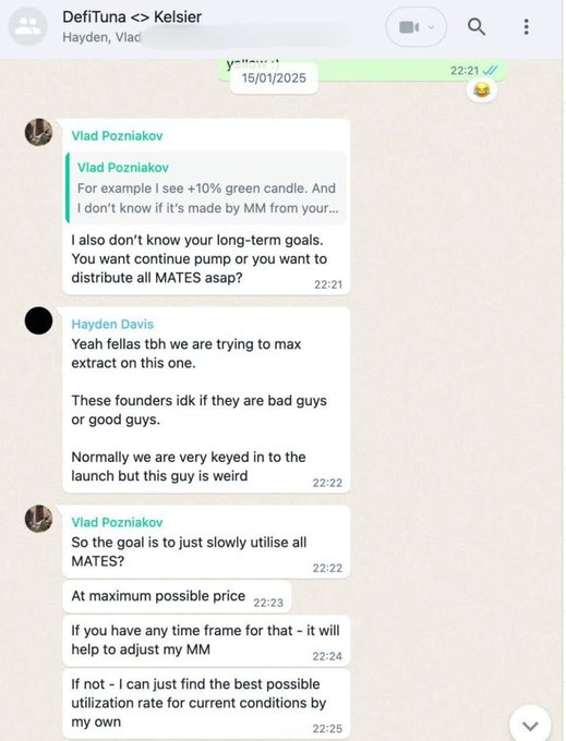 A Telegram chat between Hayden and Vlad Pozniakov dated 15/01/2025 shows Hayden discussing a plan to "max extract" on a MATES token launch with a "weird" founder, coordinating with the market maker on optimal utilization rates. The screenshot directly contradicts the post's narrative by providing documented evidence of Hayden (associated with Kelsier) actively planning price suppression alongside market makers to maximize extraction rather than acting as a skilled, unbiased trader.