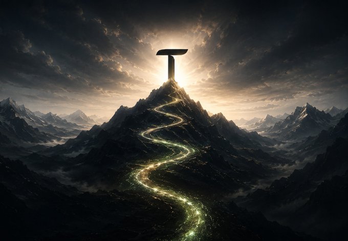 The image shows a mountain with a winding path leading up to a tall tower at its peak. The sky above the mountains is dark and cloudy, creating an atmospheric setting for the scene. There are no people or text present in the image.
