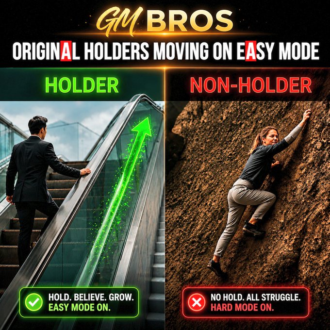The image shows a man climbing an escalator with his hands on the handrail while another person is climbing up a rock face. The caption below the image reads "GM bros" followed by two options for moving, one being a non-holder (the rock) and the other being a holder (the escalator). The caption also includes some motivational text about the reward pool for the @Appreciators_IO campaign.