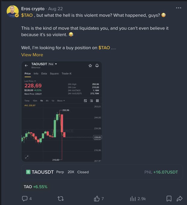 Eros crypto celebrates hitting a milestone on Binance Square, sharing a screenshot of a TAOUSDT Perp 20X trade that closed with a +16.07 USDT profit (+6.55%), emphasizing that original content and organic engagement are key to monetizing on the platform. The post aligns with his advice by showcasing authentic trading content rather than AI-generated material.