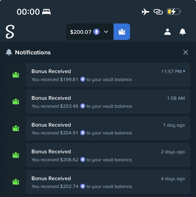 A mobile screenshot of a Stake.com notifications panel displaying five "Bonus Received" entries ranging from $199.81 to $206.62 deposited to the vault balance over the past four days, supporting the poster's claim of receiving recurring bonuses from Stake Eddie.