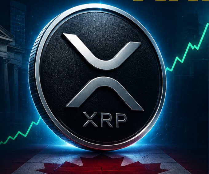 A 3D-rendered black XRP cryptocurrency coin is displayed against a dark blue cityscape background with green upward-trending price lines on either side.