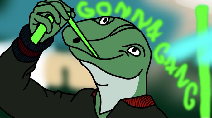A cartoon-style drawing features a green reptilian character in a hoodie holding a glowing green stylus, with the words 'GONNA GONNA C' in green text in the background.