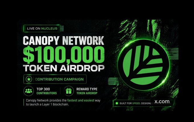 In the image, there are two main elements - a poster or advertisement featuring a large green circle with an arrow and text at the center that reads "Canopy Network $100,000 Token Airdrop", and another smaller white text box directly below this larger one stating "Live on Nucleus". This suggests that the image is promoting a Canopy network token called the @CNPYNetwork. The poster also features a few logos including an image of the word "AIRDROP" as well as the words "tip", "airdrop", and "sharing", which indicate that this token can be used for sharing airborne items, and that it might offer some unique rewards to its users.