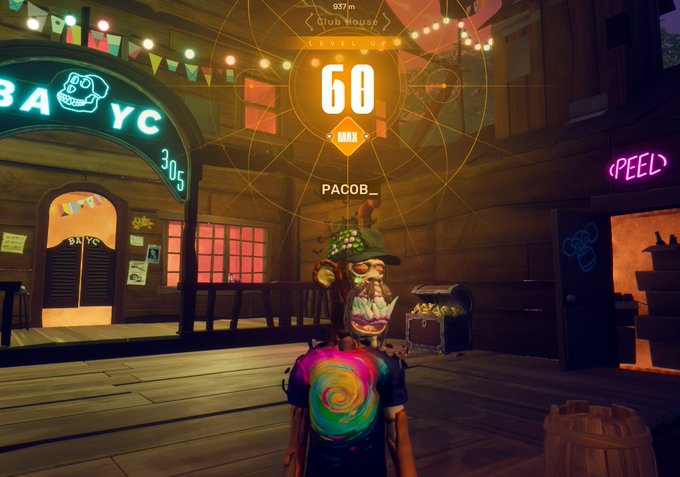 The image features a person wearing a backpack with a rainbow-colored design standing in front of a building that has neon lights, possibly a bar or club. The person appears to be enjoying their time at this location. In the background, there is a scoreboard displaying "60" and "Pacoob", indicating that they have achieved a milestone or completed a task within the game.