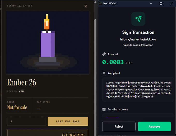 A cryptocurrency transaction interface showing an NFT called 'Ember 26' (rarity 614 of 999) alongside a Noir Wallet sign transaction screen for 0.0003 ZEC being sent to market.lastwick.xyz.