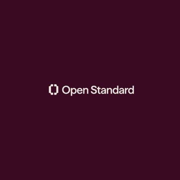 The image displays a minimalist logo featuring the text "Open Standard" alongside a bracket-style icon on a dark maroon background. It serves as the branding for the $OUSD stablecoin mentioned in the post, which was launched by major financial and tech firms including Visa, Mastercard, Stripe, BlackRock, and Google.