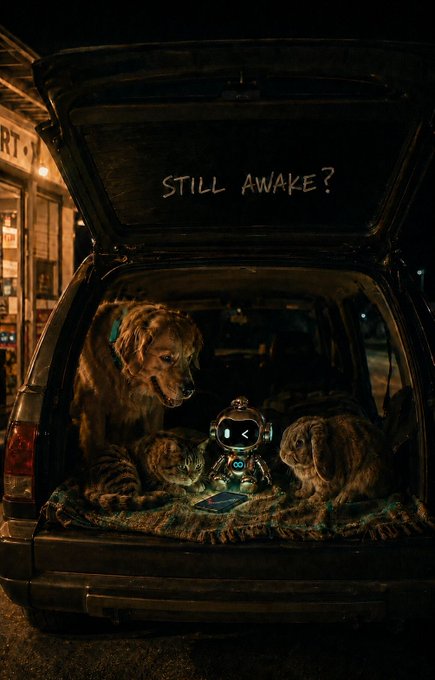 A golden retriever, a cat, and a rabbit gather in the back of a dark SUV at night around a small robot, with 'STILL AWAKE?' written on the open hatch.