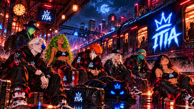 A vibrant, stylized illustration of a group of fashionable characters sitting together in a neon-lit urban subway setting, all wearing clothing branded with the 'TTA' logo and crown symbol.