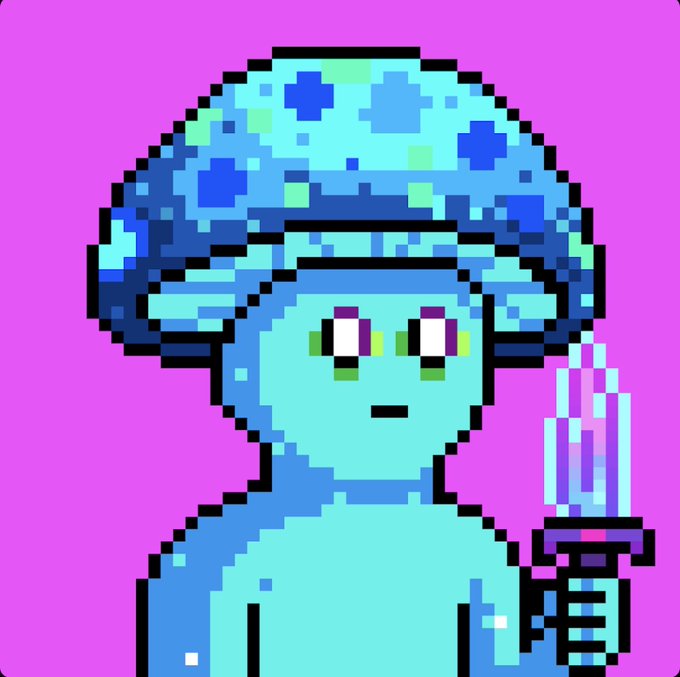 A pixel-art illustration of a blue-skinned character with a spotted mushroom-like cap holding a pink popsicle against a bright purple background.