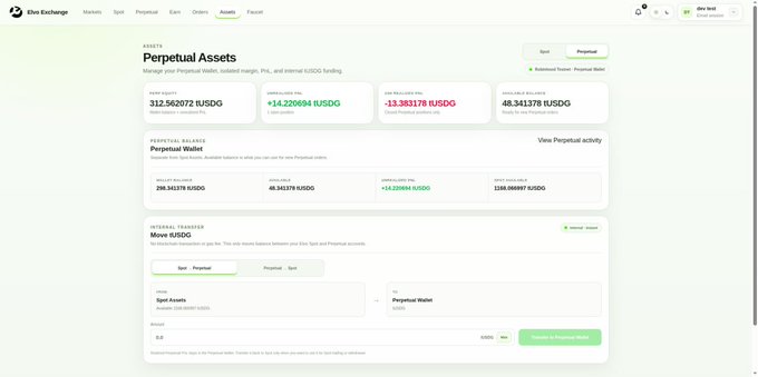 Olu Exchange Perpetual Assets dashboard showing USDG balances, perpetual wallet holdings (312.562072 USDG), and an internal transfer interface to move between Spot and Perpetual accounts.