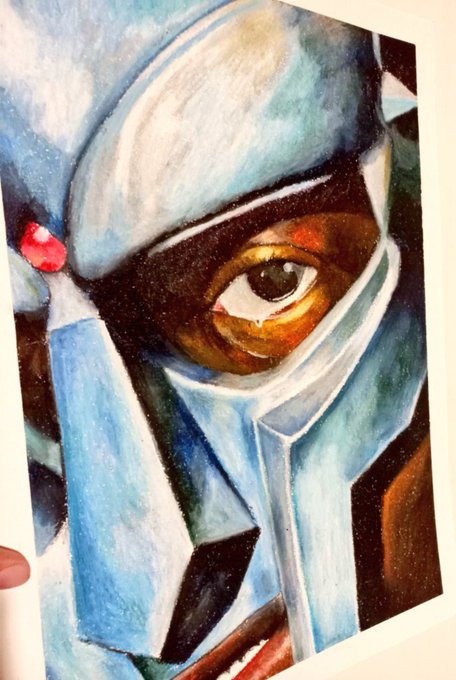 A vibrant colored pencil artwork depicts a close-up of a character's masked face with a striking orange eye. The piece is being advertised as available for sale on the NFT marketplace objkt.com, with only 9 editions remaining at 20 XTZ each.