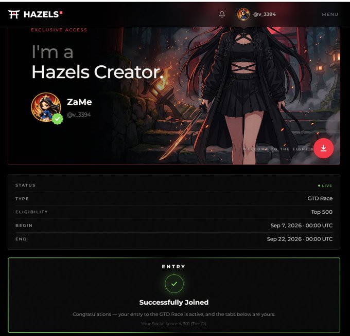 A screenshot of the Hazels platform showing a 'Successfully Joined' message for the GtD Race by user ZaMe (@v_3394).