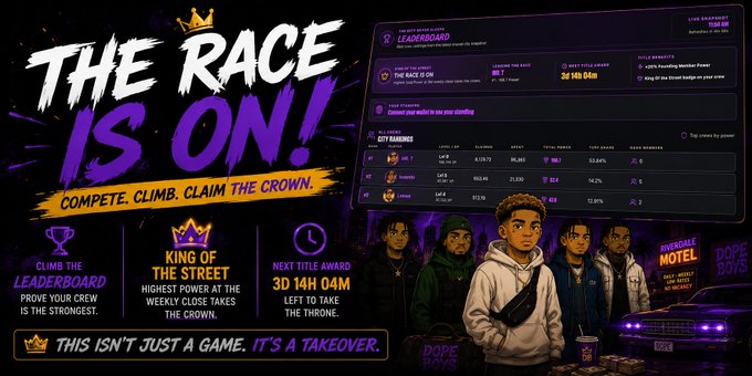 Promotional graphic titled "THE RACE IS ON!" with text "COMPETE. CLIMB. CLAIM THE CROWN," showing a competition leaderboard, animated characters, and details about "Climb the Leaderboard," "King of the Street," and a "3D 14H 04M" countdown timer.