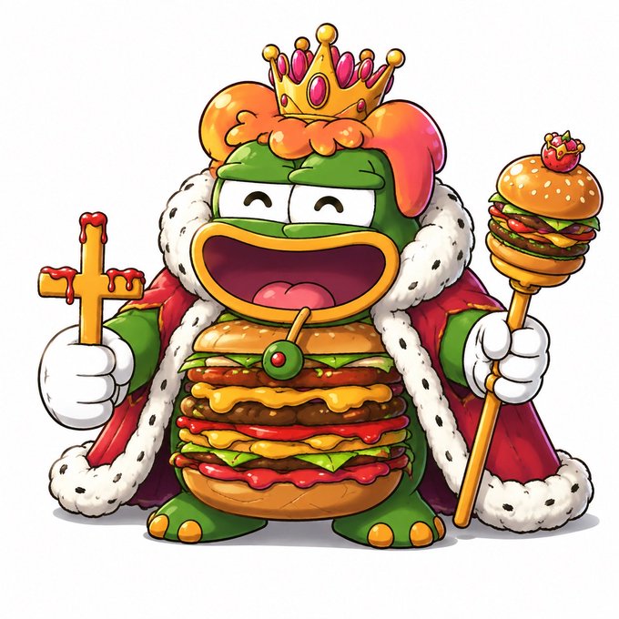 Cartoon illustration of a green frog character dressed as a burger king, wearing a crown and royal cape, holding a cross in one hand and a burger-topped scepter in the other.