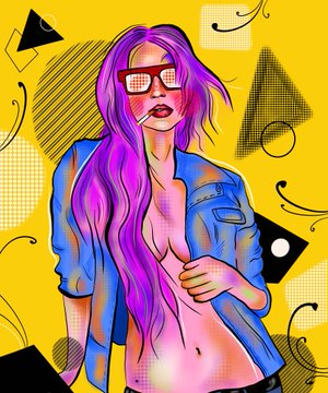 A vibrant pop-art style illustration of a purple-haired woman with red glasses smoking a lollipop, wearing an open blue jacket and pink top, set against a bold yellow background with halftone patterns and geometric shapes—fittingly representing the "Pinky Girl" NFT from Elishams1984's Tezos collection.