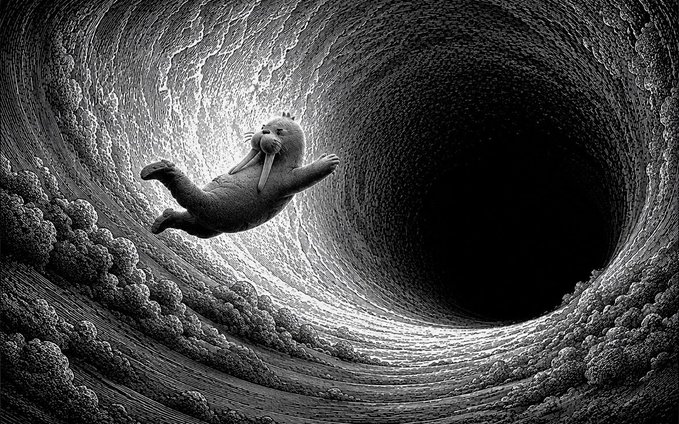 A black and white surreal illustration shows a plush seal-like creature being swept away by ocean waves into a dark swirling vortex.