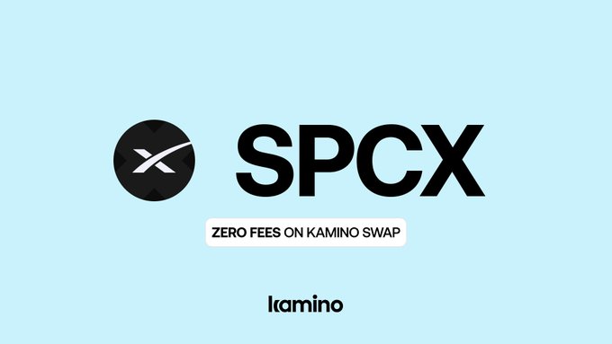 A light blue graphic displays the SpaceX (SPCX) logo with the text 'ZERO FEES ON KAMINO SWAP' and the 'kamino' brand name.