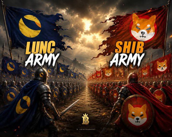 A dramatic digital artwork depicting two opposing fantasy armies: "LUNC ARMY" on the left with blue banners bearing a crescent moon logo, and "SHIB ARMY" on the right with red banners featuring a Shiba Inu dog face, with armored knights facing each other on a battlefield under a stormy sky, and a "B_CRYPT0GRAPHY" watermark at the bottom.