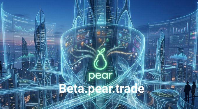 Futuristic cityscape illustration showcasing the Pear logo and 'Beta.pear.trade' surrounded by data streams covering crypto, politics, sports, tech, and economics.