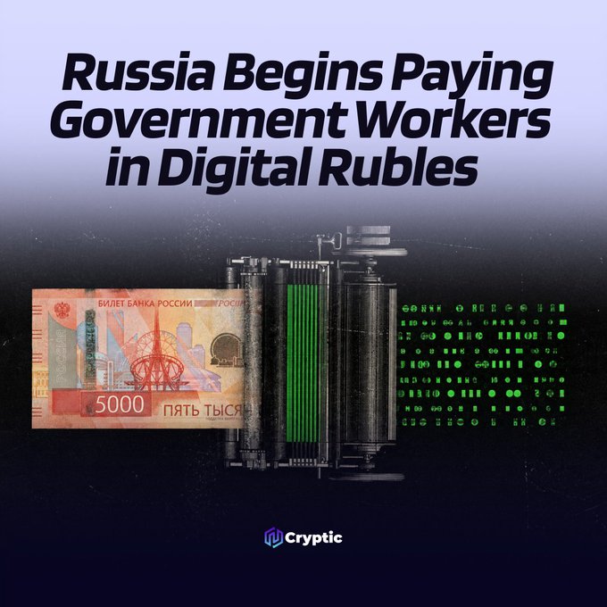 A promotional graphic from "Cryptic" featuring the headline "Russia Begins Paying Government Workers in Digital Rubles," displayed above imagery showing a 5000 Russian ruble banknote on the left and green digital binary code on the right, connected by a mechanical printing/printing-press device in the center—symbolically bridging traditional fiat currency with digital currency to illustrate Russia's rollout of the digital ruble for government employee salaries.