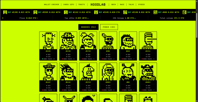 A screenshot of the Hoodlab NFT marketplace showing pixel art character collectibles with prices displayed in ETH on a bright yellow background.