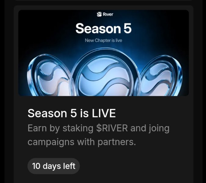 The image shows an advertisement for a streaming service called S4, with a poster of three circles against a black background. The poster features text about the new season being released and offers viewers the opportunity to earn money by staking $RIVER and joining campaigns with partners. There is also information about how many days left until the start of the new season.