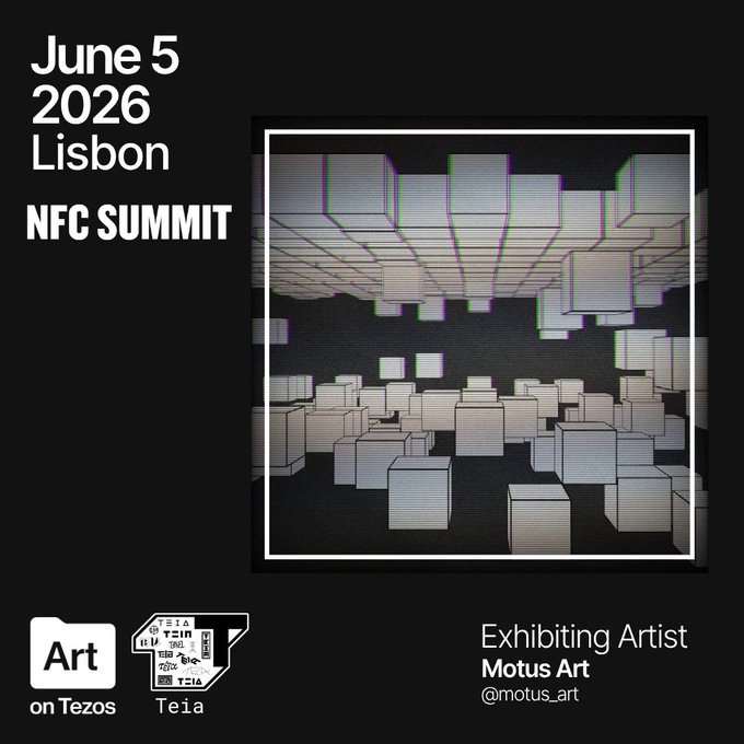 The image features a poster or flyer for an exhibition at the Teia Art gallery in Lisbon, Portugal. The poster showcases a black background with white cubes scattered throughout, creating a sense of depth and dimension. The text on the poster indicates that the event is taking place on June 5th and is titled "NFC Summit". It also mentions that the exhibition will be held at the @artanteos Tezos gallery in Lisbon.