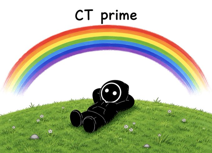 An illustration of a figure in a black astronaut suit lying on a grassy hill under a rainbow, with the text 'CT prime' at the top.