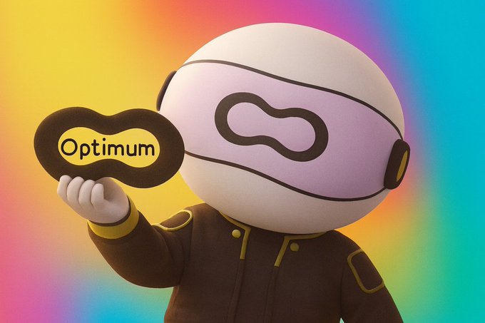 A 3D-rendered character wearing a white helmet and mask holding up a black dumbbell-shaped object labeled 'Optimum' against a colorful gradient background.