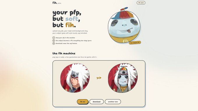 A webpage for 'fih' beta featuring a panda-like character, explaining that it uploads a PFP and background to create a plush toy ('the fih machine'), with options to 'fih me,' download, or make another.