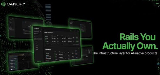A promotional graphic for Canopy featuring dark dashboard screenshots with green accents and the tagline 'Rails You Actually Own. The infrastructure layer for AI-native products.'