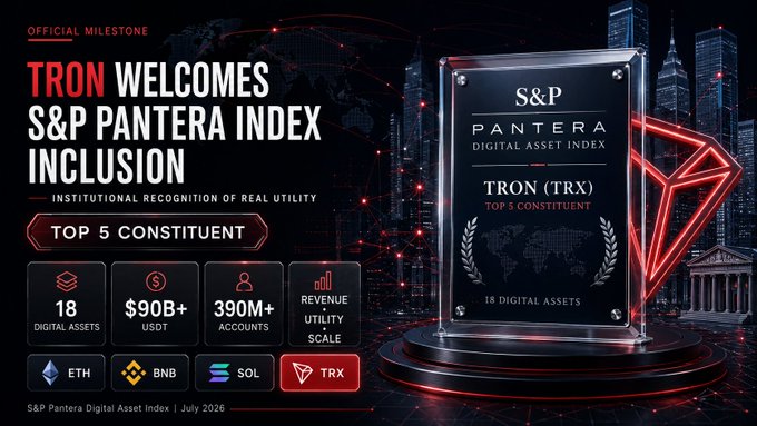 Promotional graphic celebrating 'TRON WELCOMES S&P PANTERA INDEX INCLUSION' as a Top 5 Constituent, featuring TRX alongside ETH, BNB, and SOL with stats like 18 digital assets, $90B+ USDT, and 390M+ accounts.