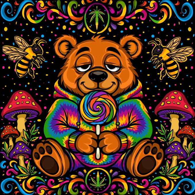 A vibrant psychedelic illustration shows a sleepy brown bear holding a rainbow lollipop, surrounded by bees, mushrooms, foliage, confetti, and cannabis-leaf motifs on a black background.
