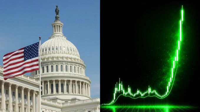 A split image showing the U.S. Capitol Building with an American flag on the left, paired with a glowing green cryptocurrency price chart on the right, visually reinforcing the post's claim about a $30 trillion capital influx into crypto following the CLARITY Act push.